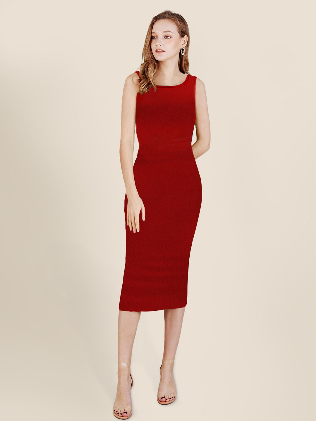 

TOOCHKI Round Neck Sleeveless Bodycon Midi Dress, Red