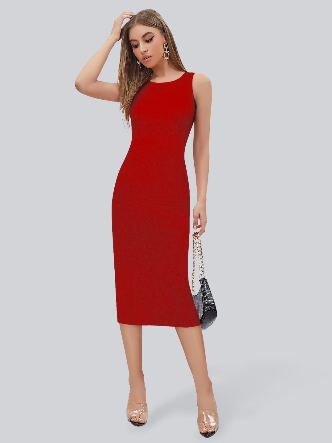 

TOOCHKI Round Neck Sleeveless Bodycon Midi Dress, Red