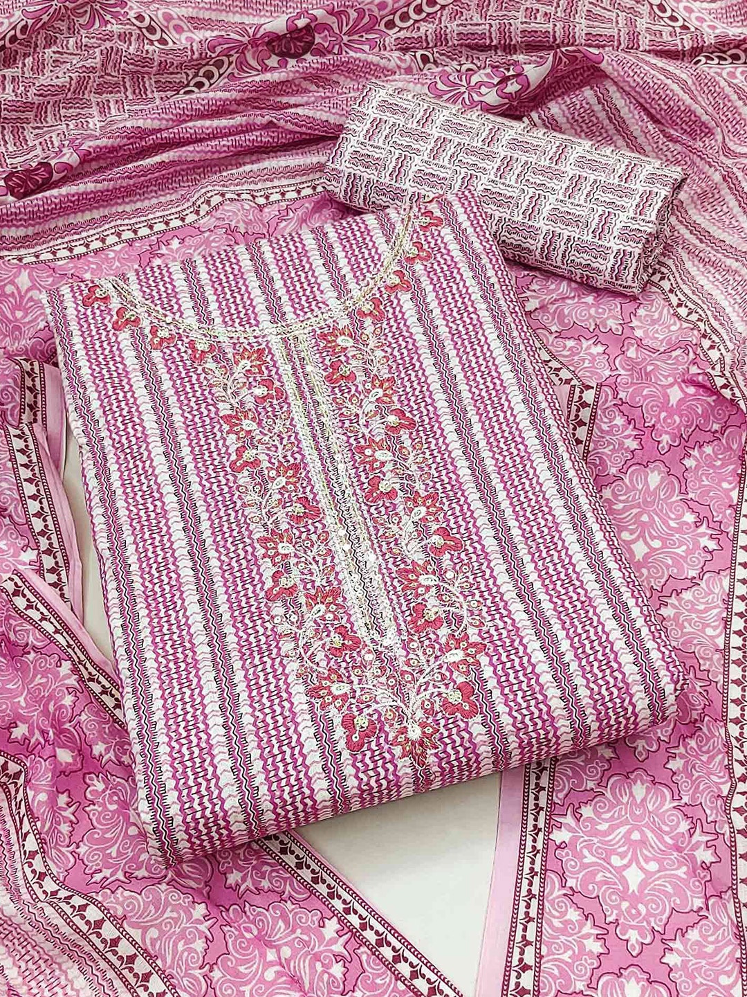 

Peachmode Geometric Printed Pure Cotton Sequinned Unstitched Dress Material, Pink