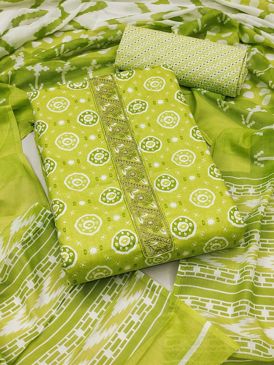 

Peachmode Printed Pure Cotton Unstitched Dress Material, Green