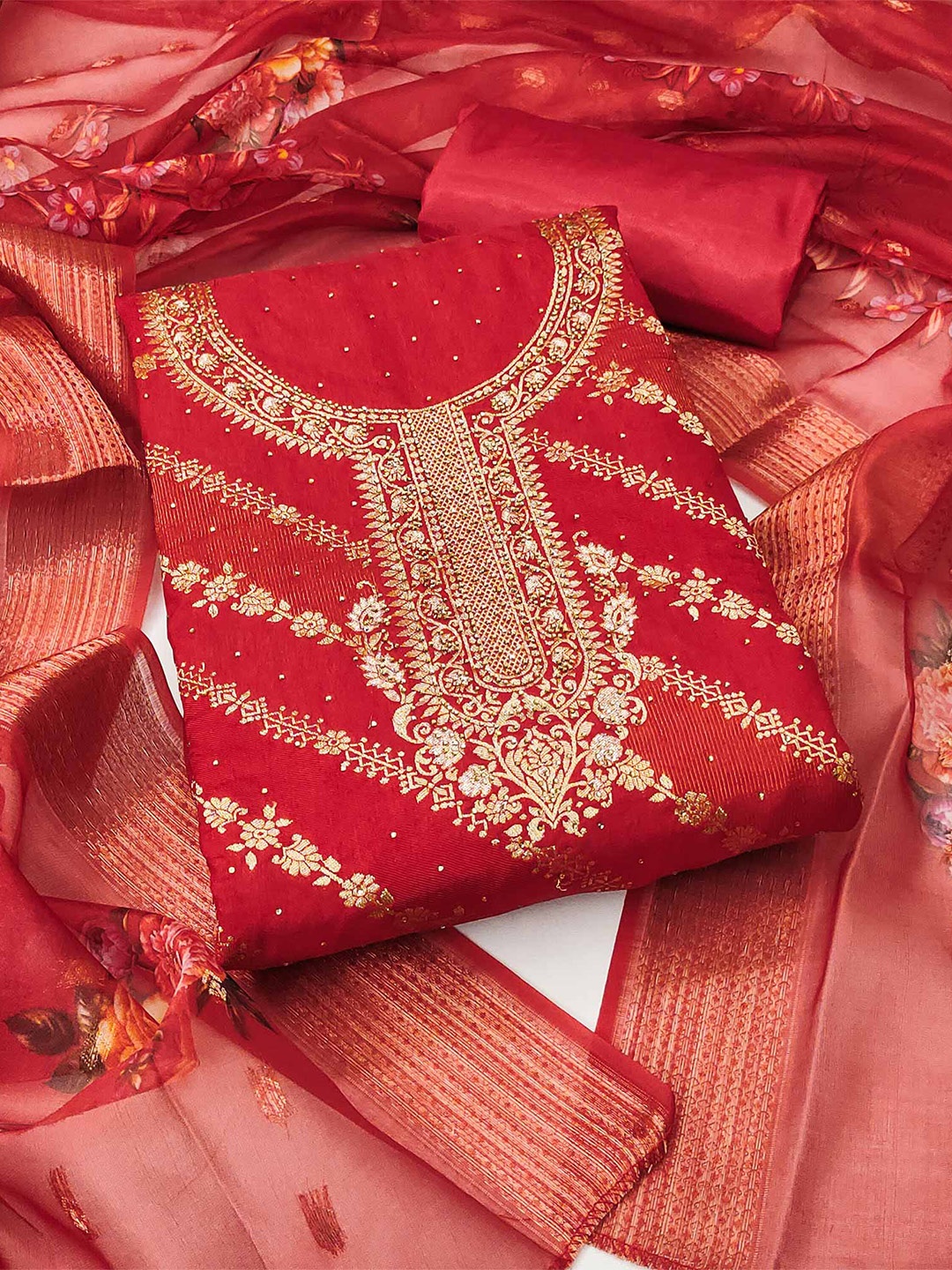 

Peachmode Floral Woven Design Beads and Stones Unstitched Dress Material, Red