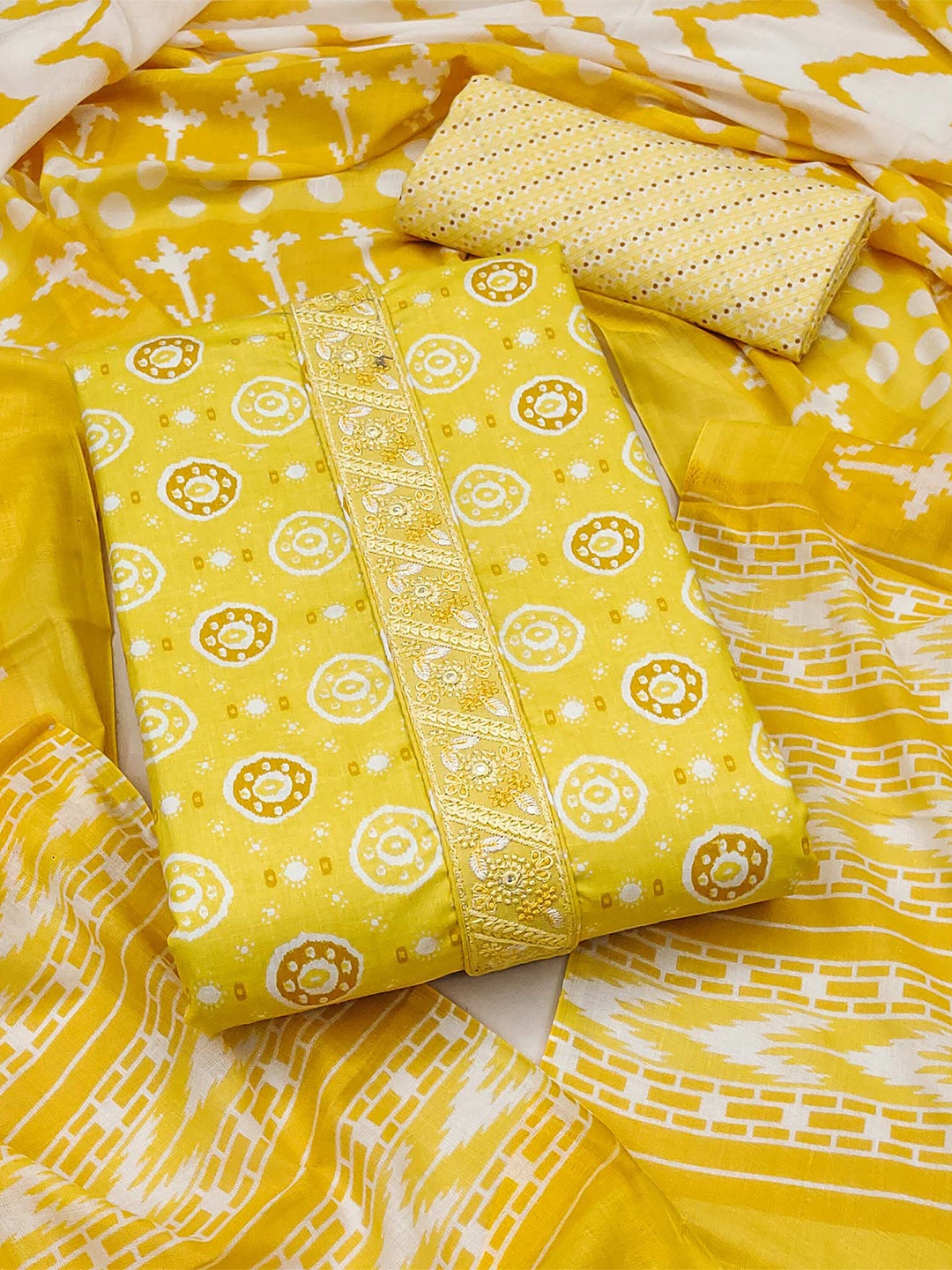 

Peachmode Geometric Printed Pure Cotton Unstitched Dress Material, Yellow