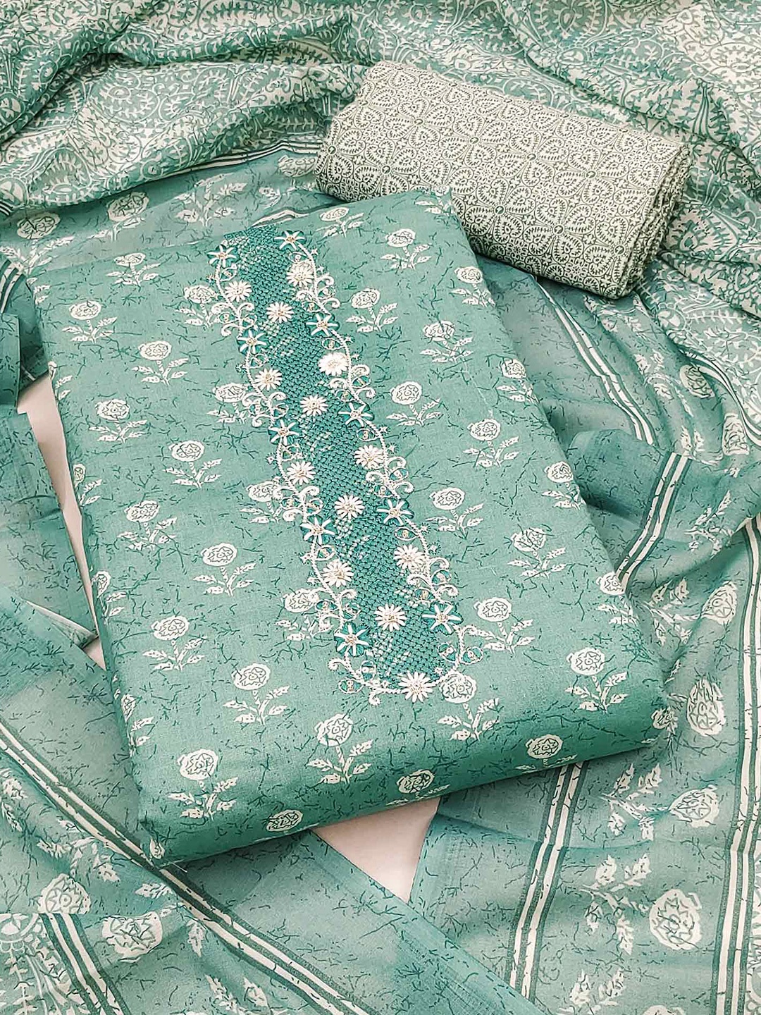 

Peachmode Floral Printed Pure Cotton Unstitched Dress Material, Turquoise blue