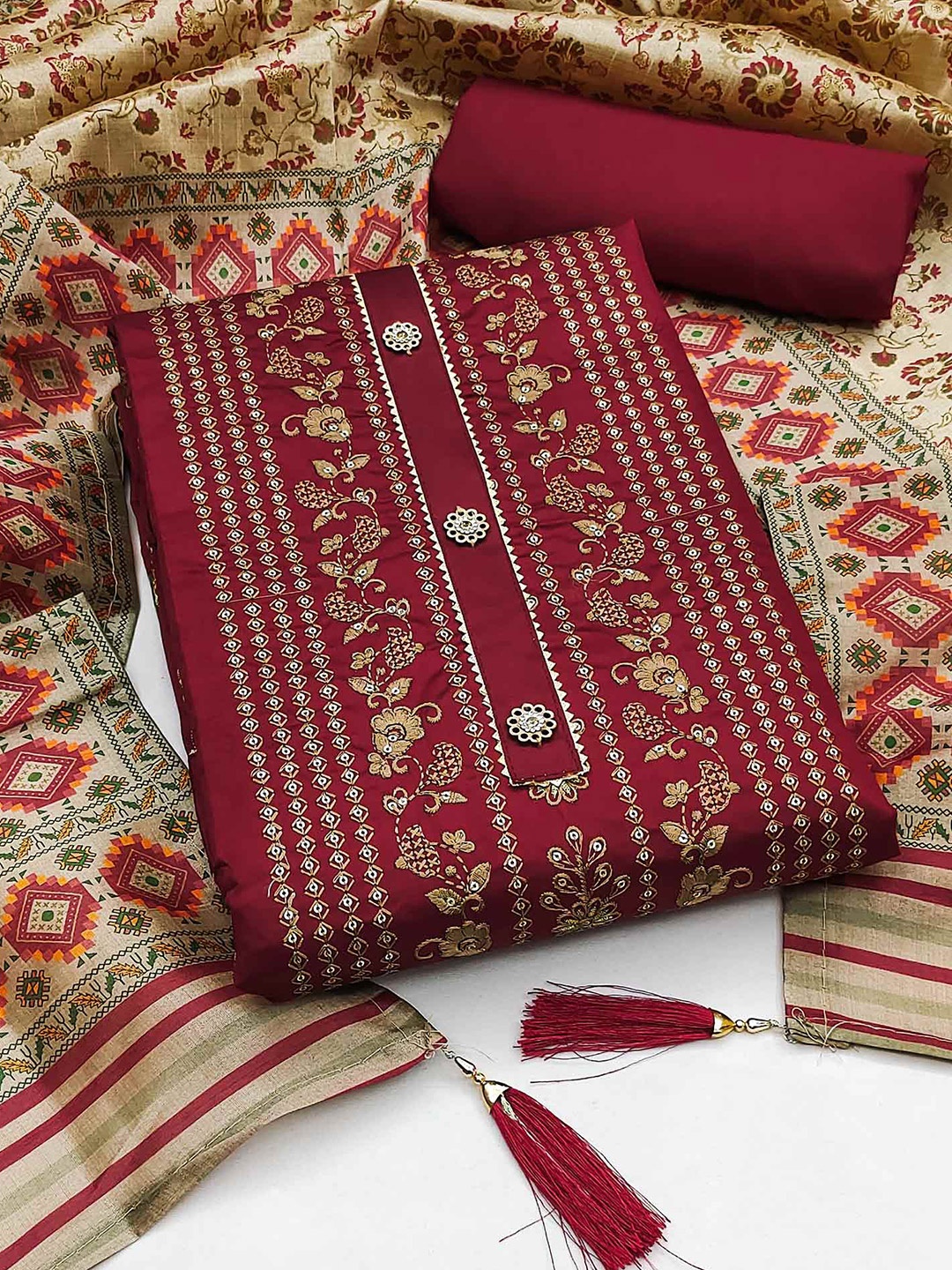 

Peachmode Embroidered Unstitched Dress Material, Maroon