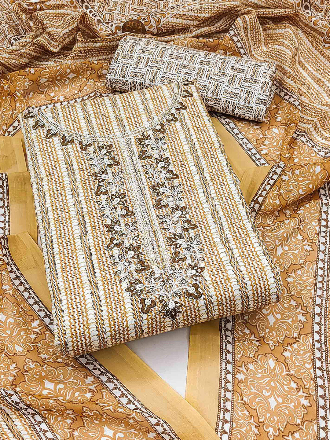 

Peachmode Striped Printed Pure Cotton Unstitched Dress Material, Beige