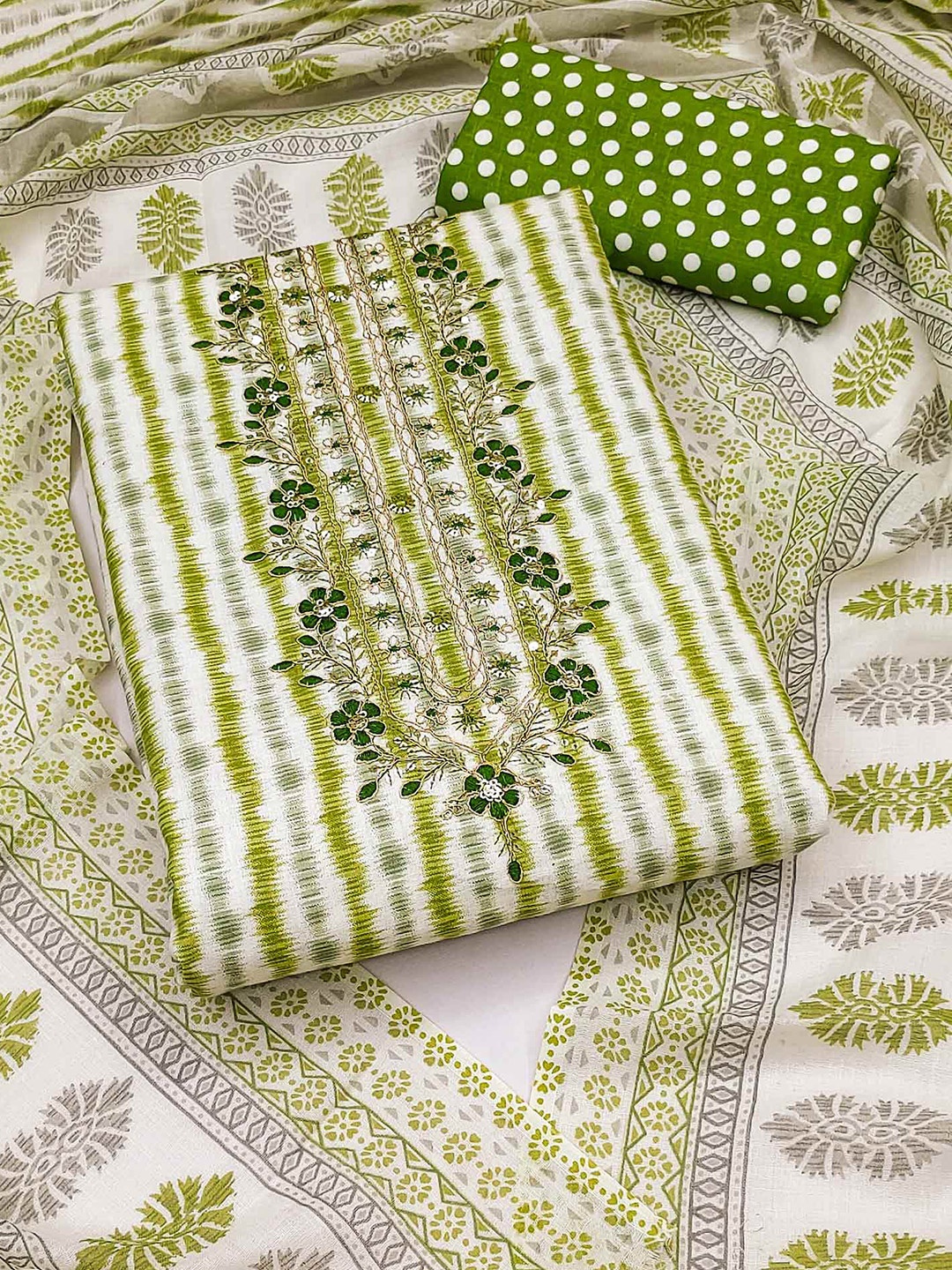 

Peachmode Striped Printed Pure Cotton Unstitched Dress Material, Green