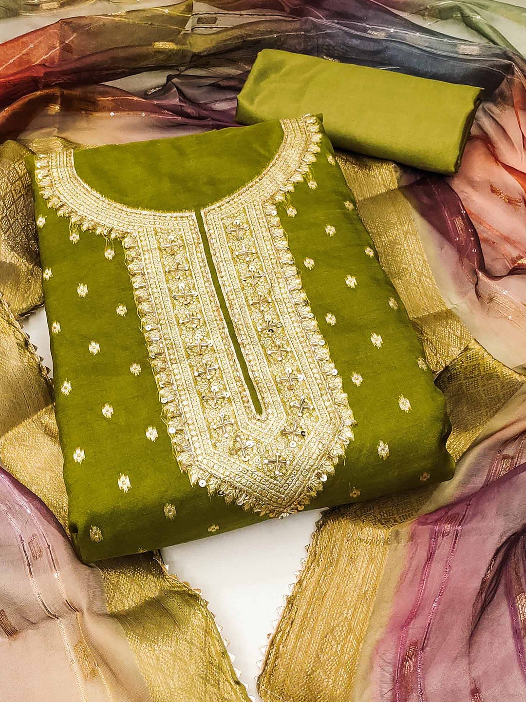 

Peachmode Ethnic Motifs Woven Design Organza Unstitched Dress Material, Green