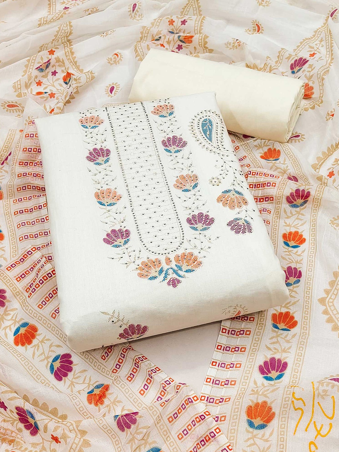

Peachmode Pure Cotton Unstitched Dress Material, Off white