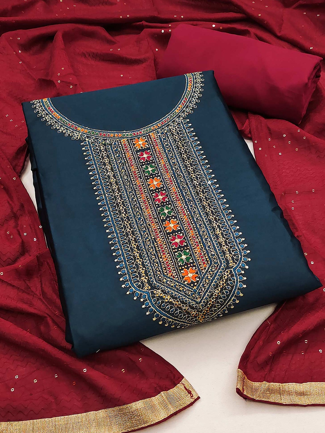 

Peachmode Embroidered Unstitched Dress Material, Blue