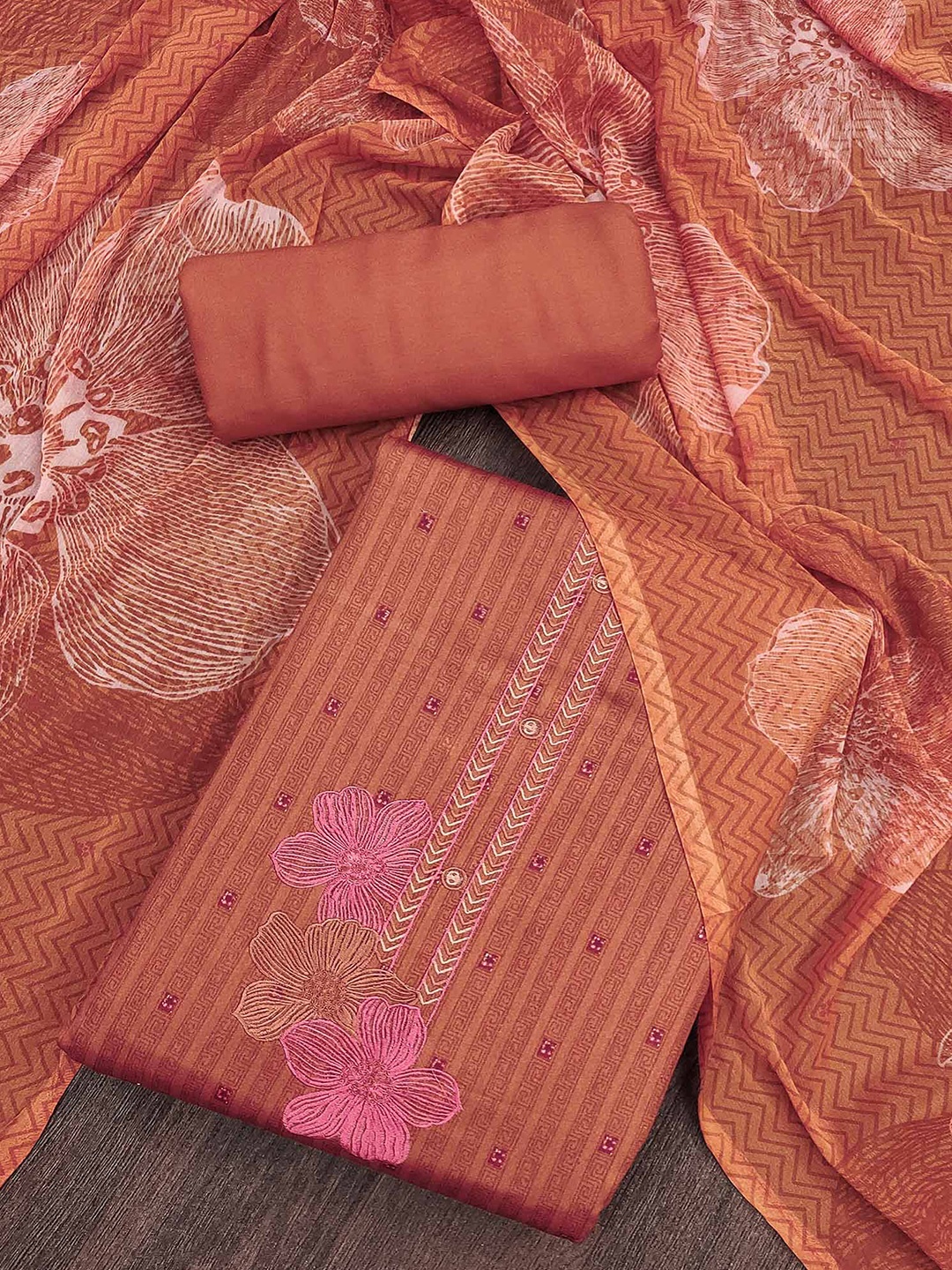

Peachmode Printed Pure Cotton Unstitched Dress Material, Rust
