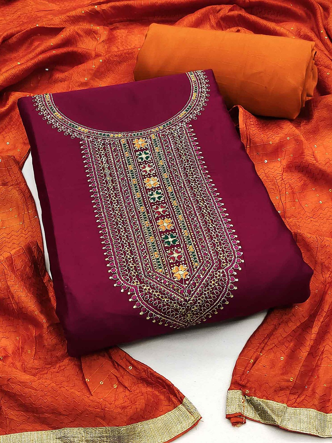 

Peachmode Embroidered Unstitched Dress Material, Purple