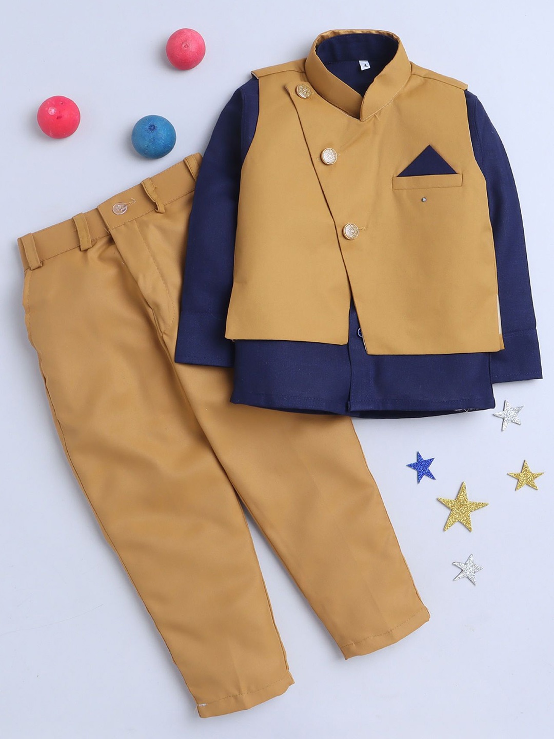 

FOURFOLDS Boys Shirt with Trousers & Waistcoat 3-Piece Bandhgala Suits, Beige