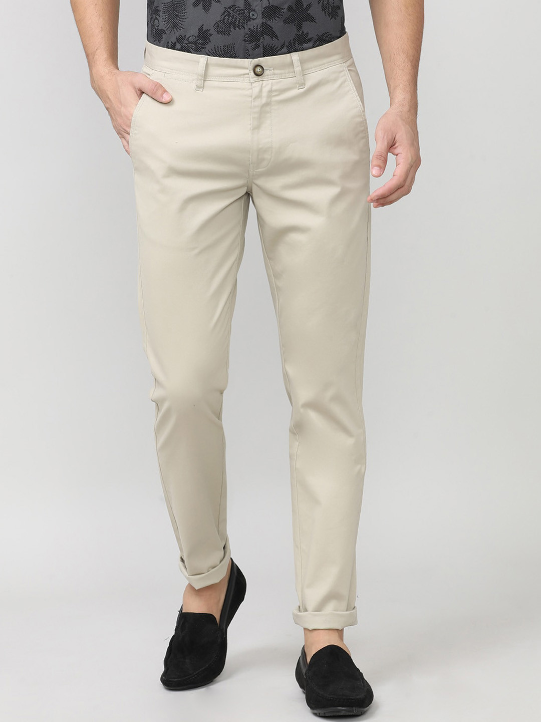 

DRAGON HILL Men Smart Mid-Rise Zip Flat-Front Cotton Slim Fit Chinos Trouser, Beige