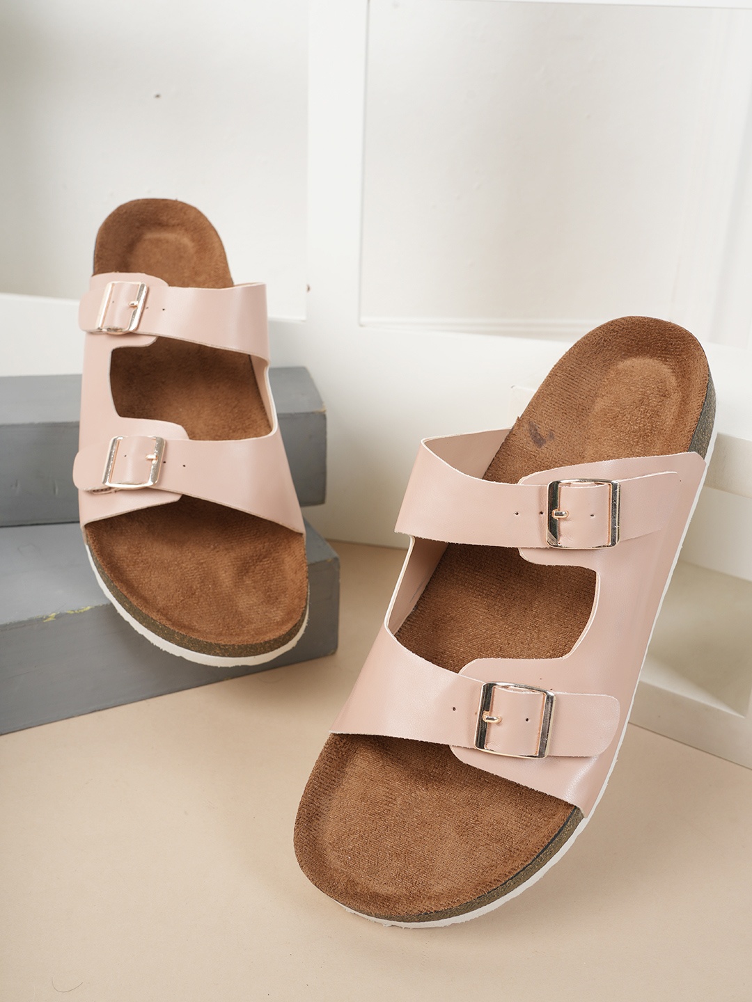 

MOZAFIA Buckle Detailed Open Toe Flats, Nude