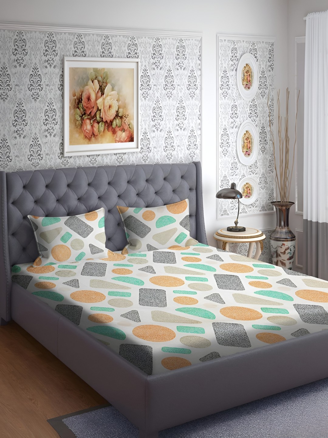 

RRC Orange & Grey Geometric 160 TC Cotton King Bedsheet with 2 Pillow Covers