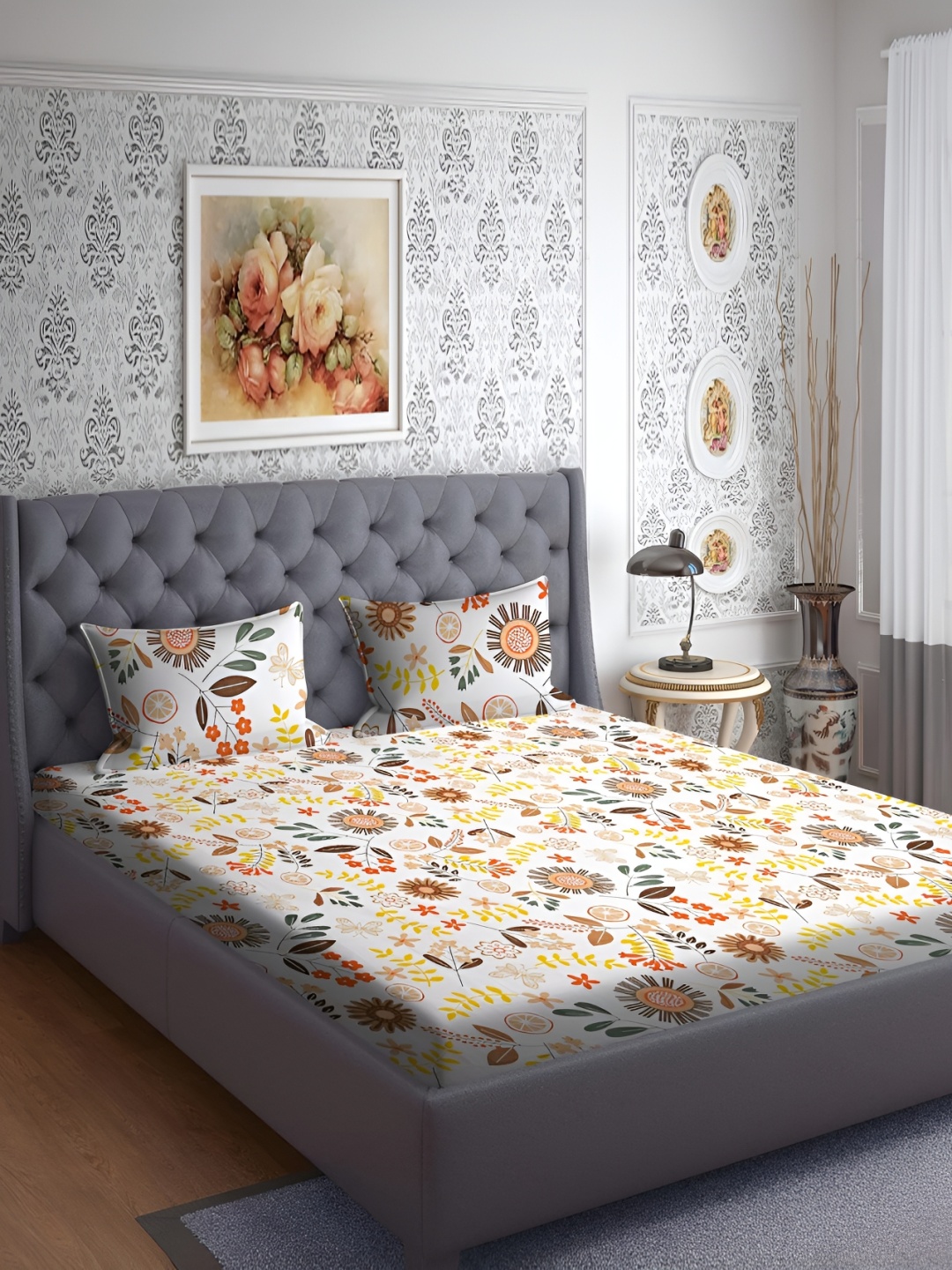 

RRC Brown & White Floral 160 TC Cotton King Bedsheet with 2 Pillow Covers