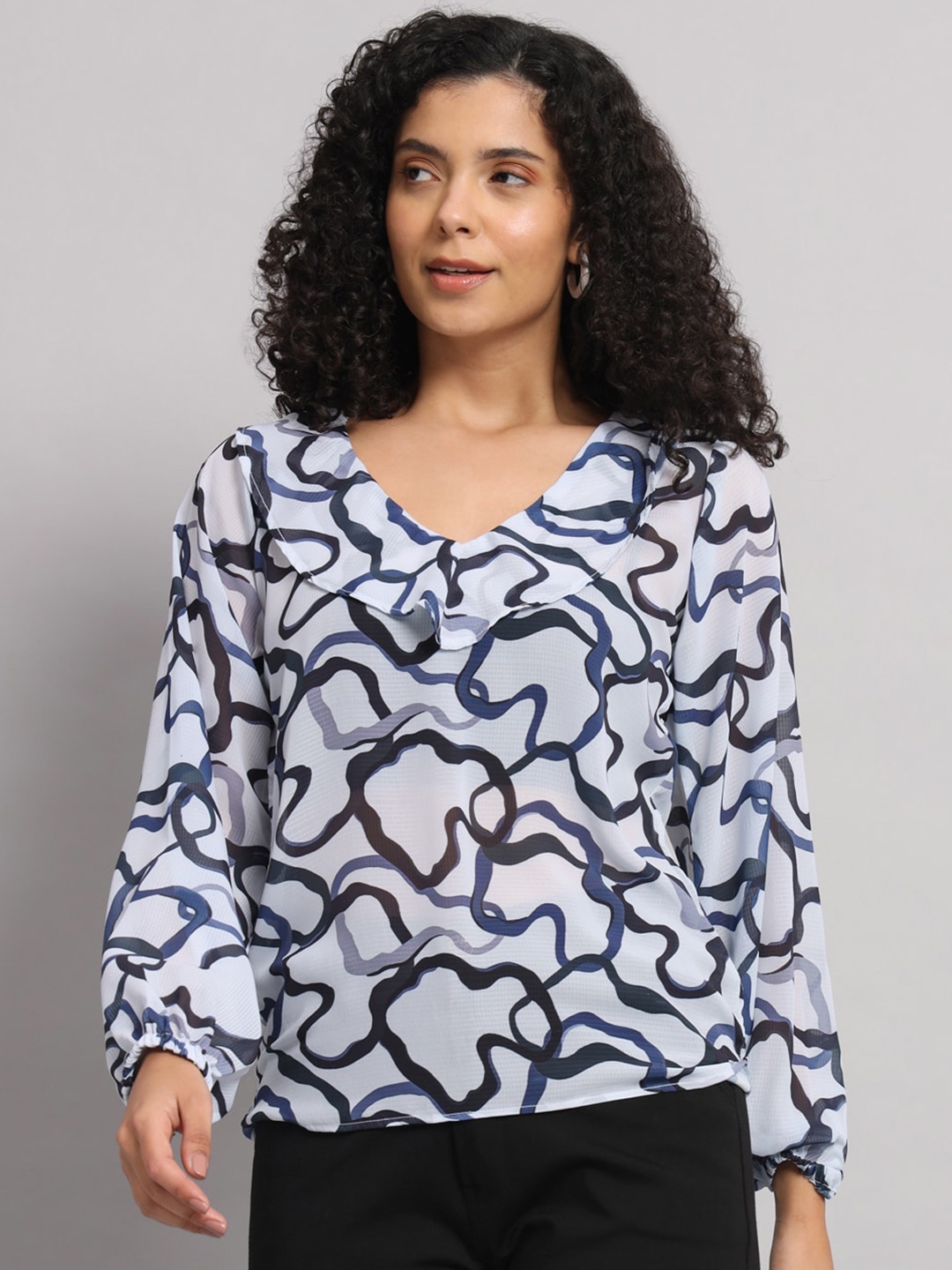 

Mast & Harbour White V Neck Printed Flared Sleeves Georgette Top, Blue