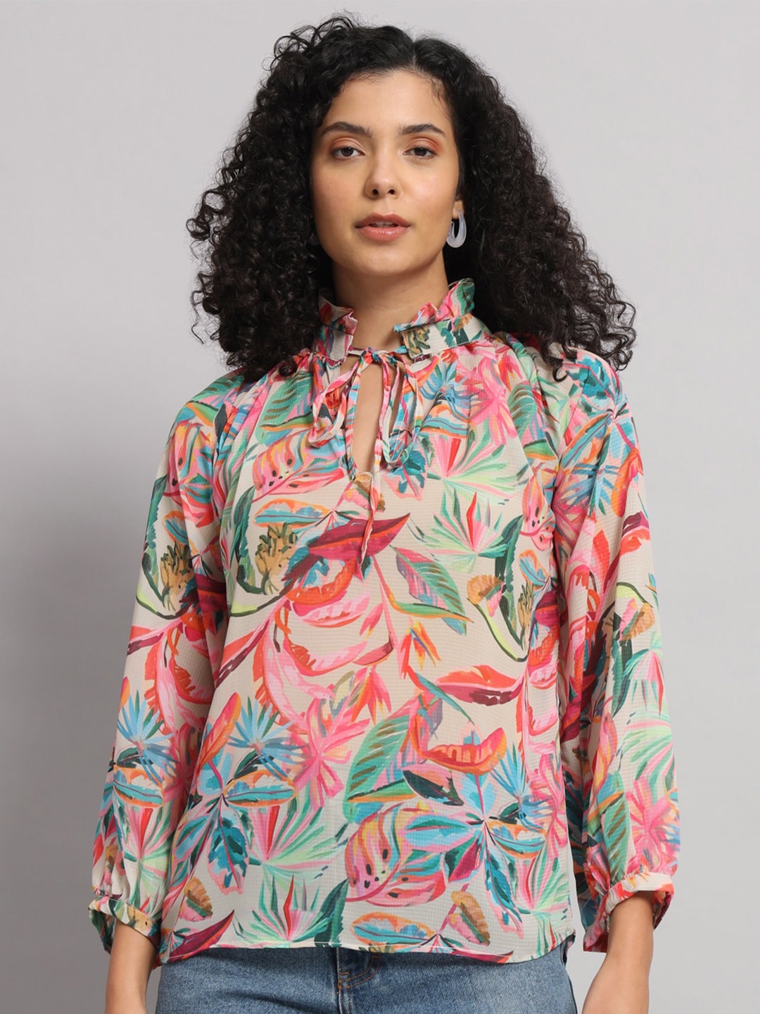 

Mast & Harbour Tropical Printed Tie-Up Neck Cuffed Sleeves Top, Beige