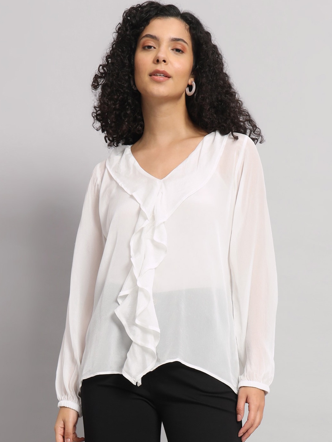 

Mast & Harbour White V Neck Puff Sleeves Chiffon Top