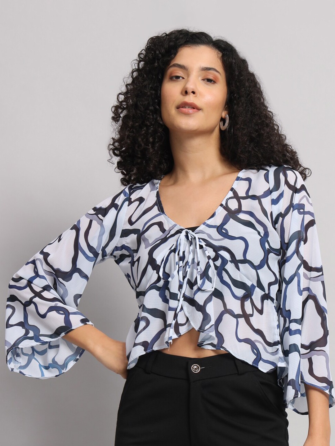 

Mast & Harbour White & Blue V Neck Printed Flared Sleeve Georgette Top