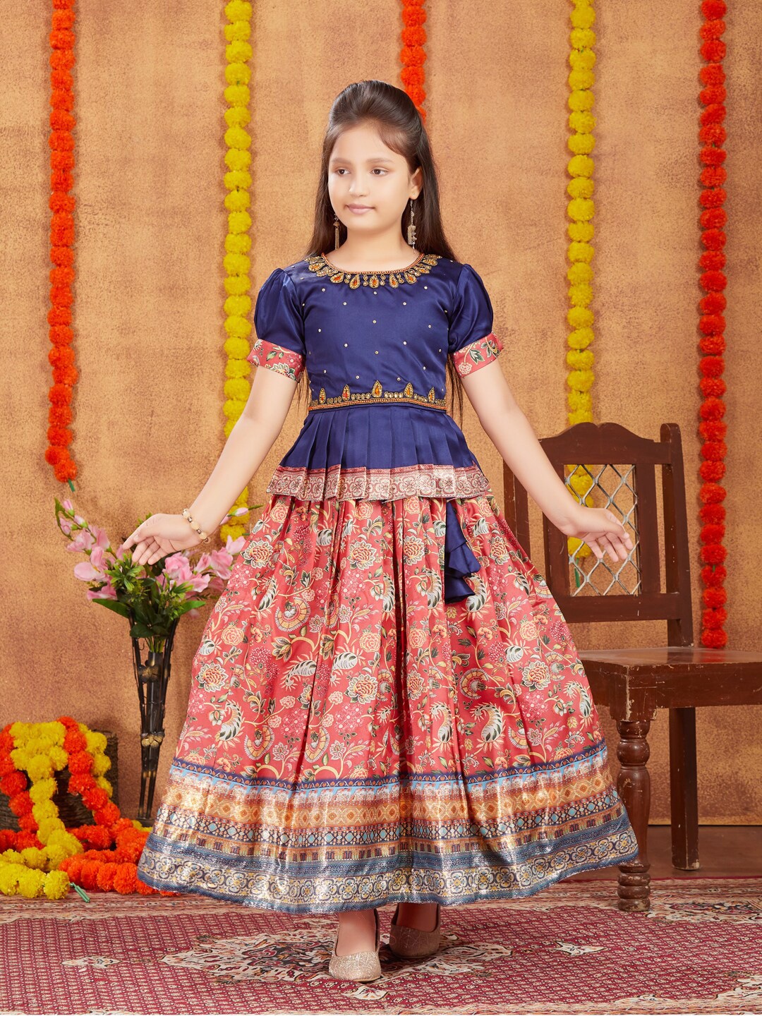 

BAESD Girls Embroidered Puff Sleeves Silk Sequinned Ready to Wear Lehenga & Blouse, Navy blue