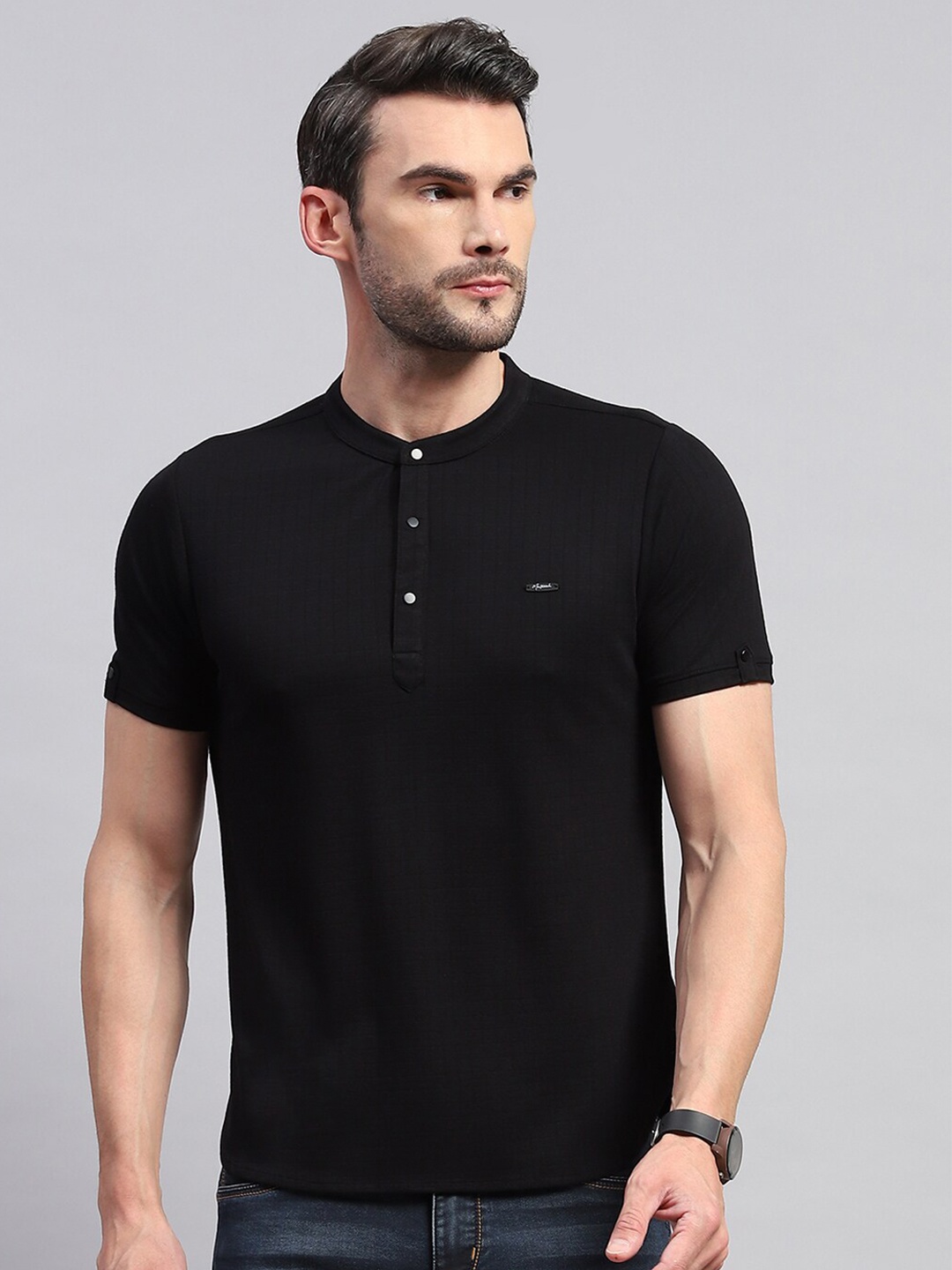 

Monte Carlo Henley Neck Cotton T-shirt, Black