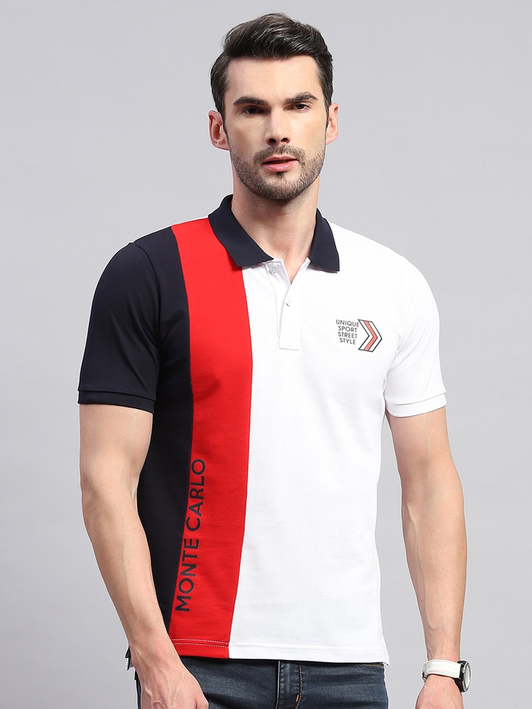 

Monte Carlo Colourblocked Polo Collar Cotton T-shirt, White