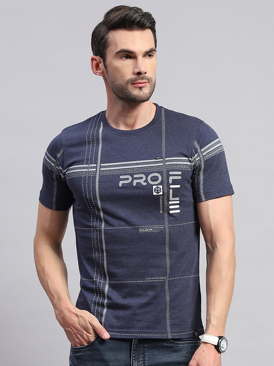 

Monte Carlo Round Neck Typography Striped T-shirt, Navy blue