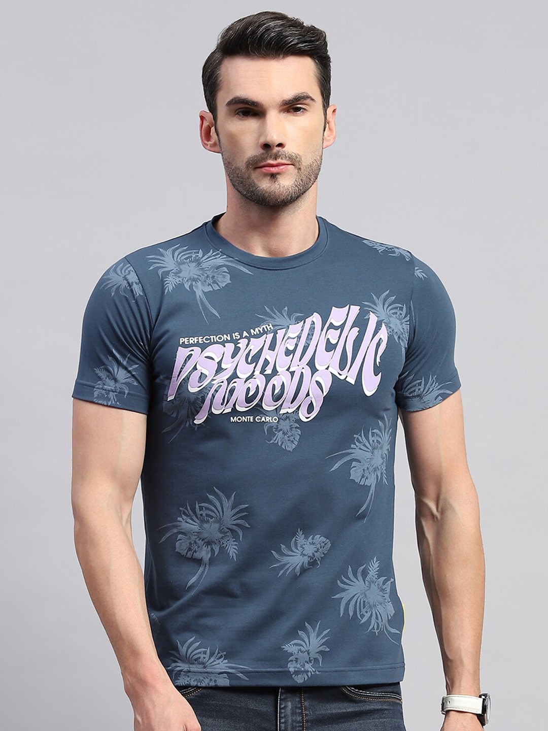 

Monte Carlo Floral Printed Tropical Cotton T-shirt, Blue