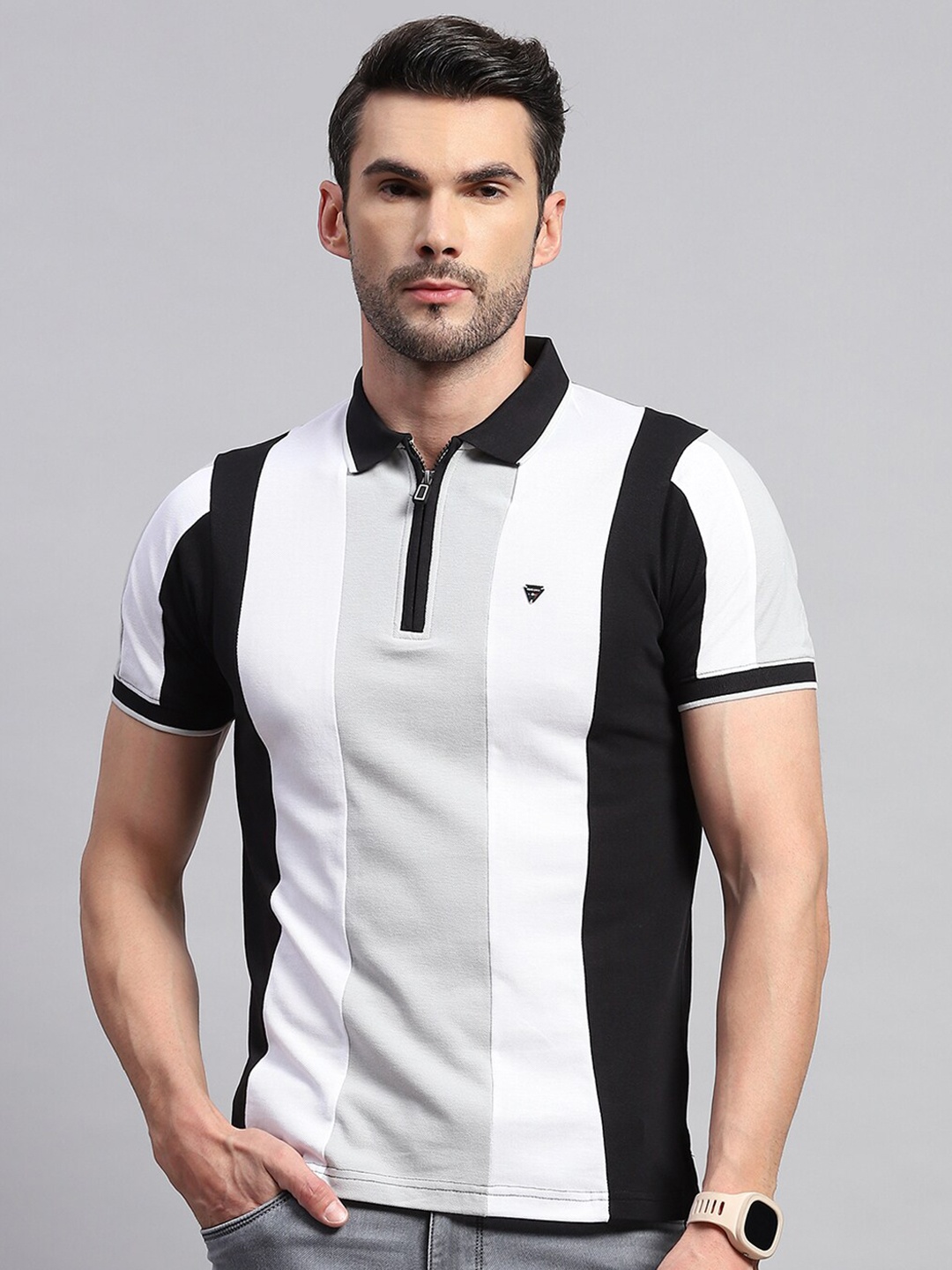 

Monte Carlo Striped Polo Collar Cotton T-shirt, Black
