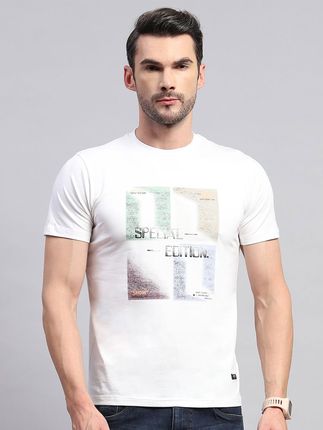 

Monte Carlo Round Neck Typography Printed Cotton T-shirt, White