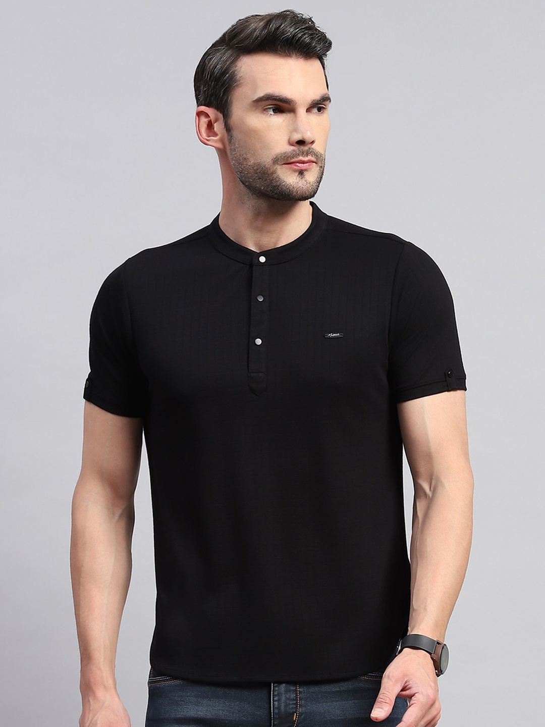 

Monte Carlo Mandarin Collar Cotton T-shirt, Black