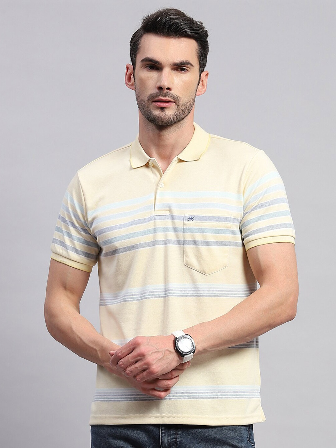 

Monte Carlo Striped Polo Collar Cotton Pocket T-shirt, Yellow