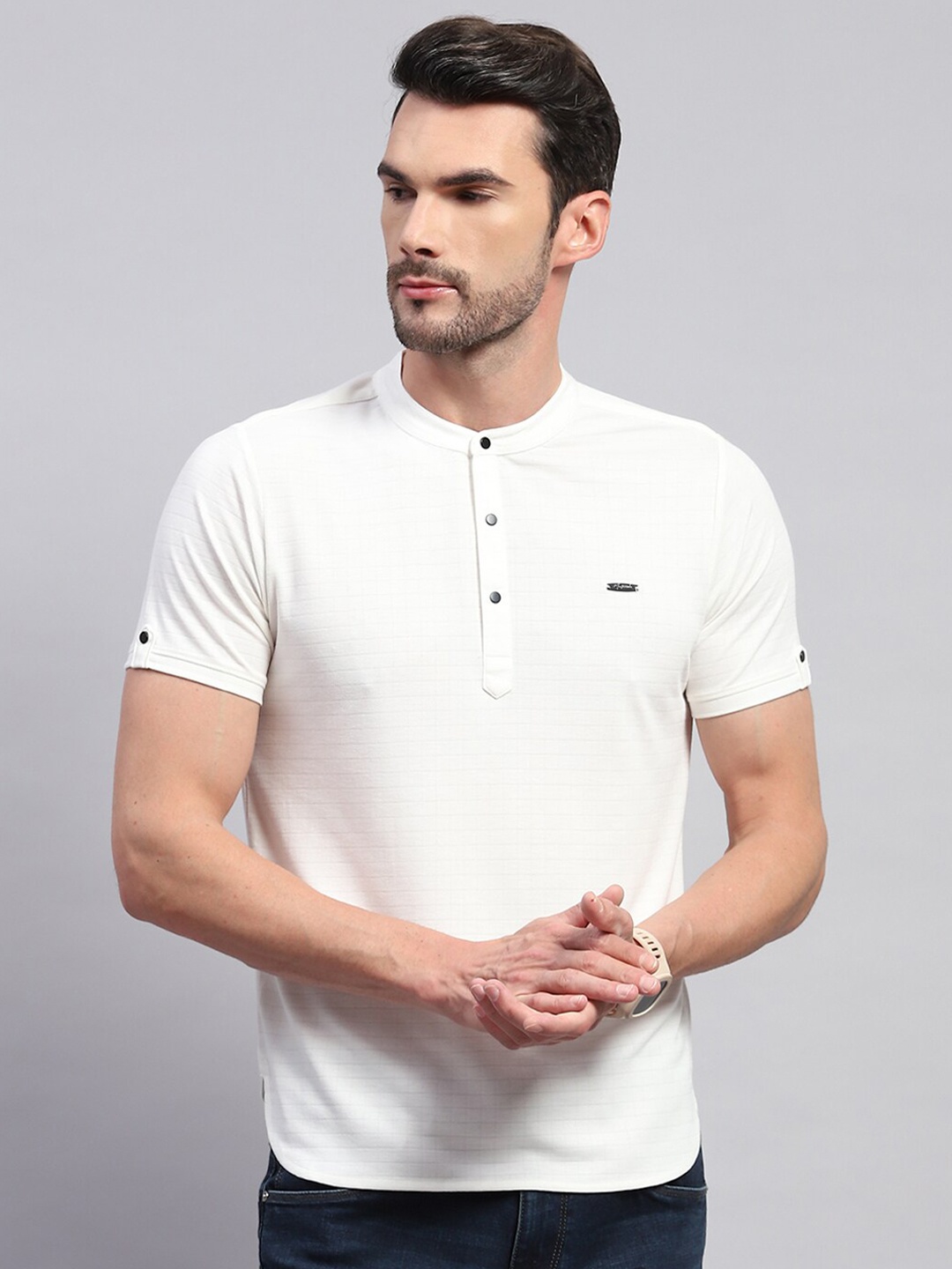 

Monte Carlo Mandarin Collar Cotton T-shirt, White