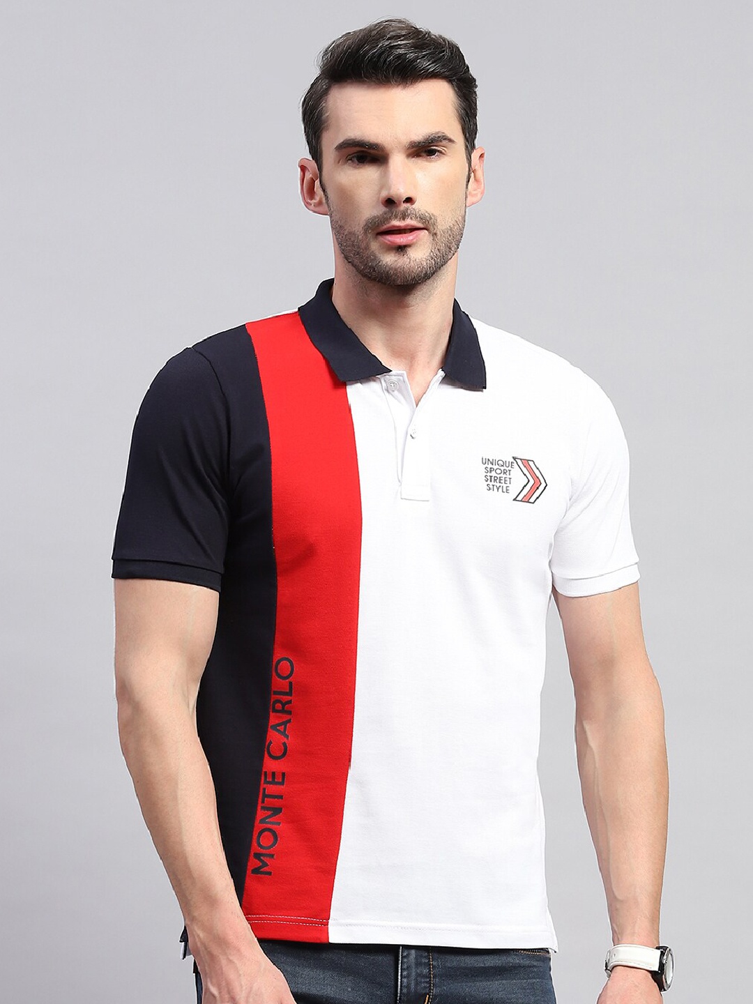 

Monte Carlo Colourblocked Polo Collar Cotton T-shirt, White