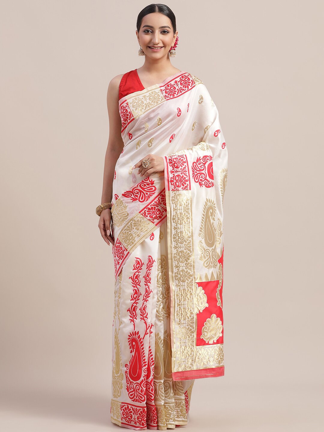 

Jhilmil Fashion Woven Design Zari Kanjeevaram Silk Saree, White