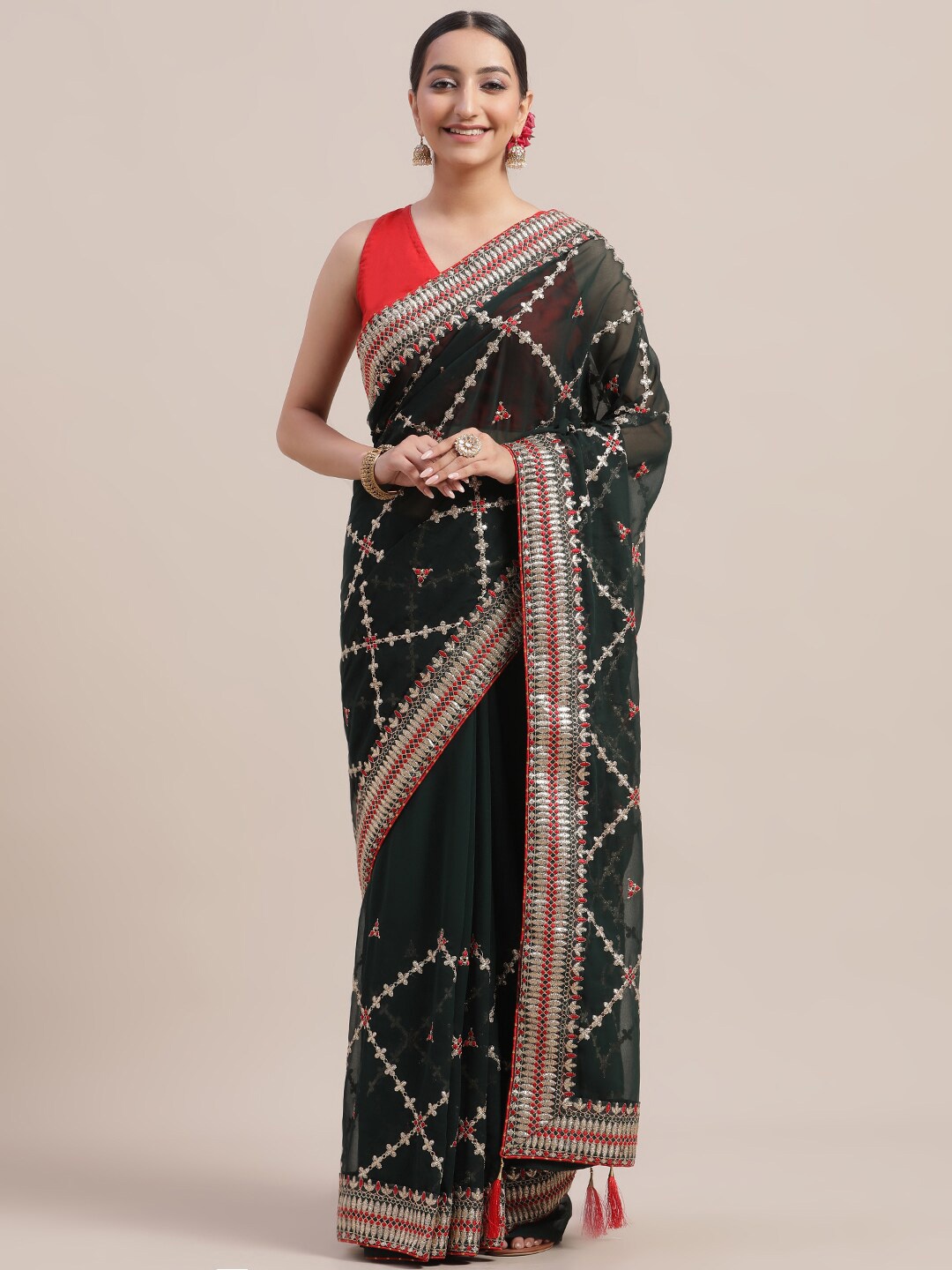 

Jhilmil Fashion Embroidered Poly Georgette Saree, Green