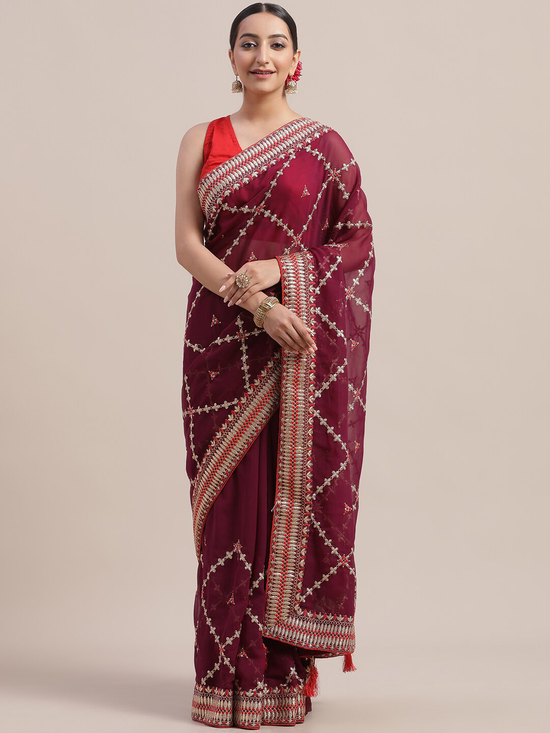 

Jhilmil Fashion Embroidered Saree, Maroon