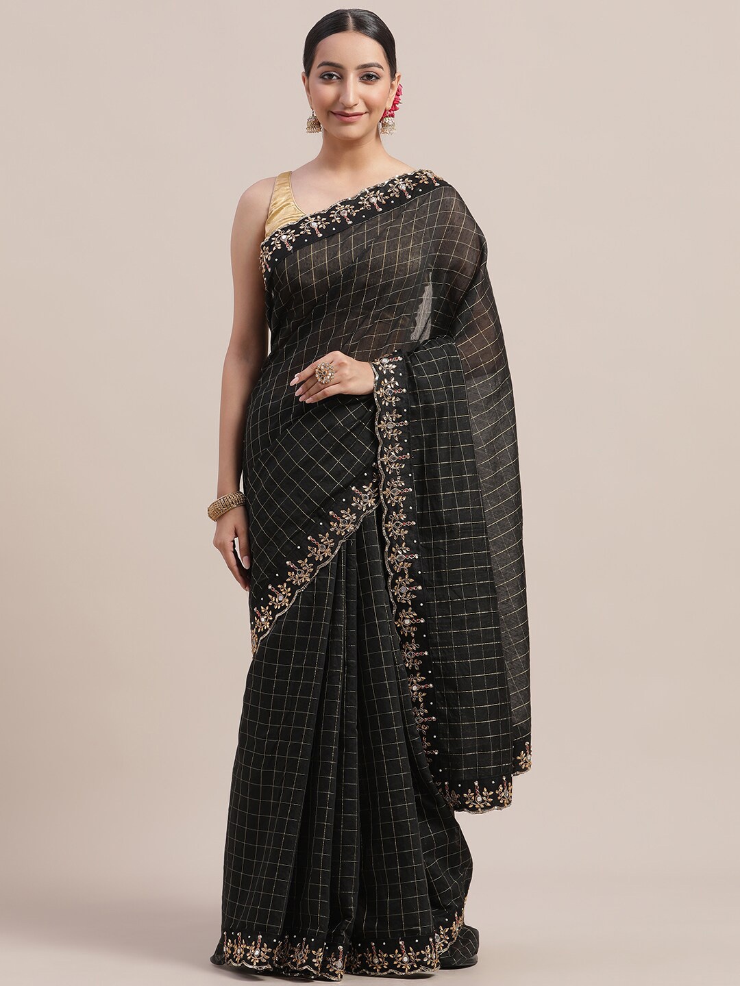 

Jhilmil Fashion Checked Embroidered Chanderi Saree, Black