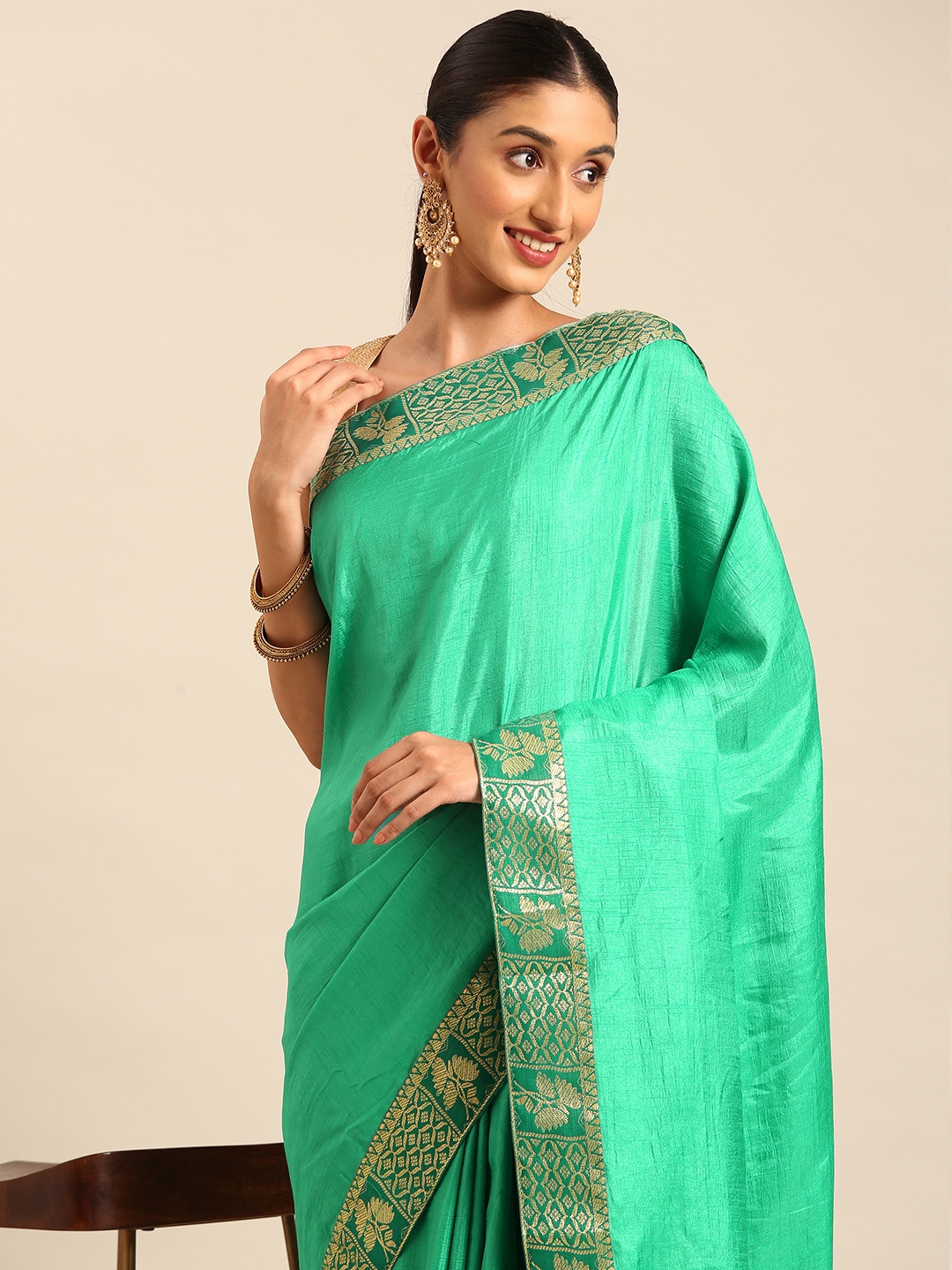 

HERE&NOW Solid Saree, Sea green