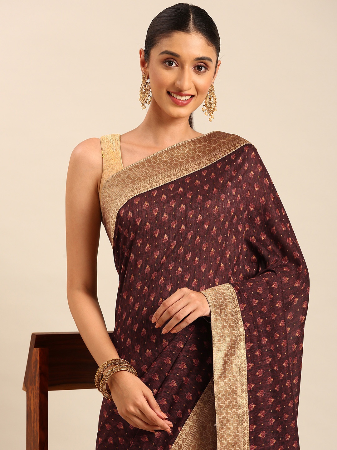 HERE&NOW Ethnic Motifs Printed Saree, Brown