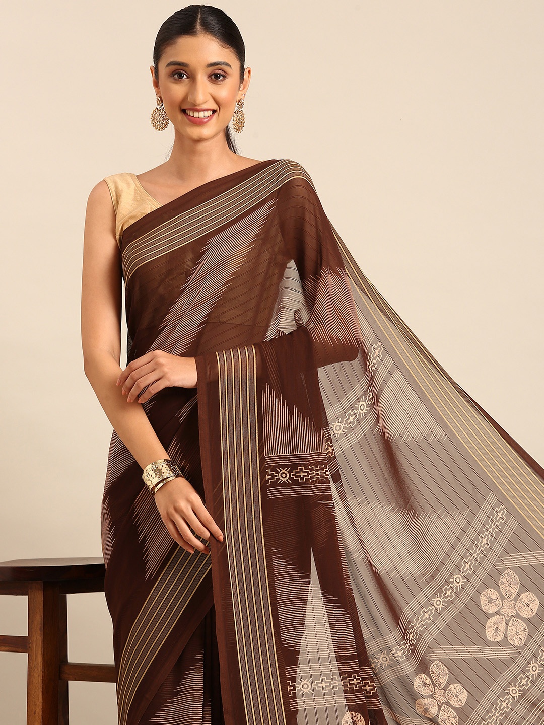 

HERE&NOW Printed Pure Georgette Saree, Brown
