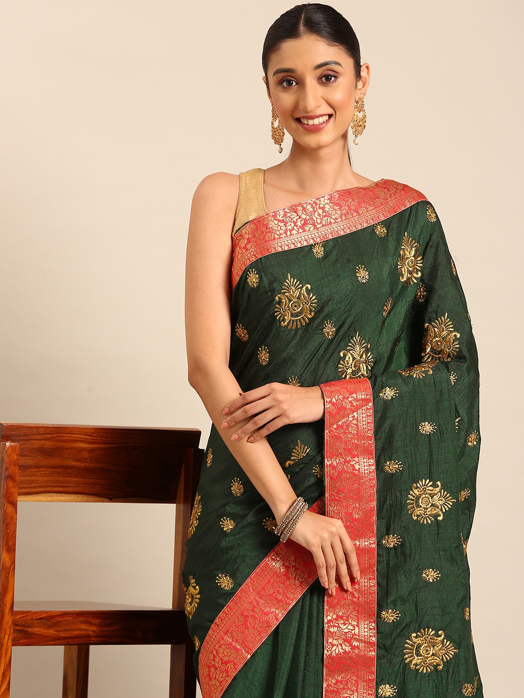 

HERE&NOW Ethnic Motifs Embroidered Zari Saree, Green