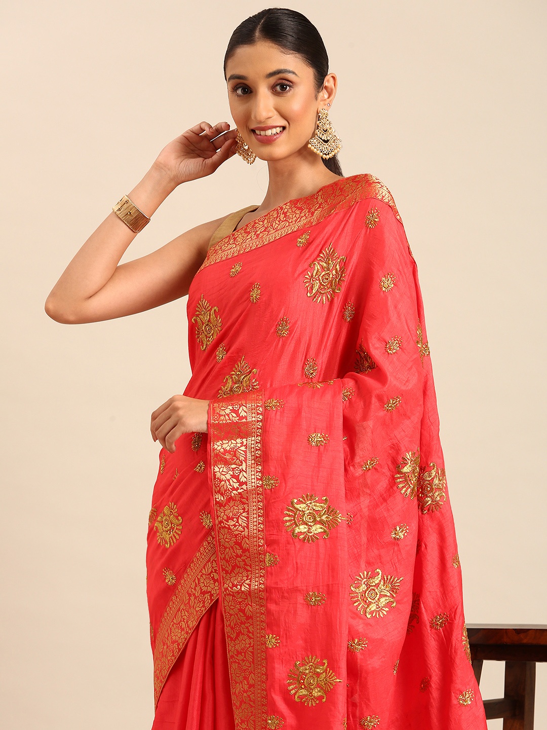 

HERE&NOW Ethnic Motifs Embroidered Beads & Stones Saree, Pink