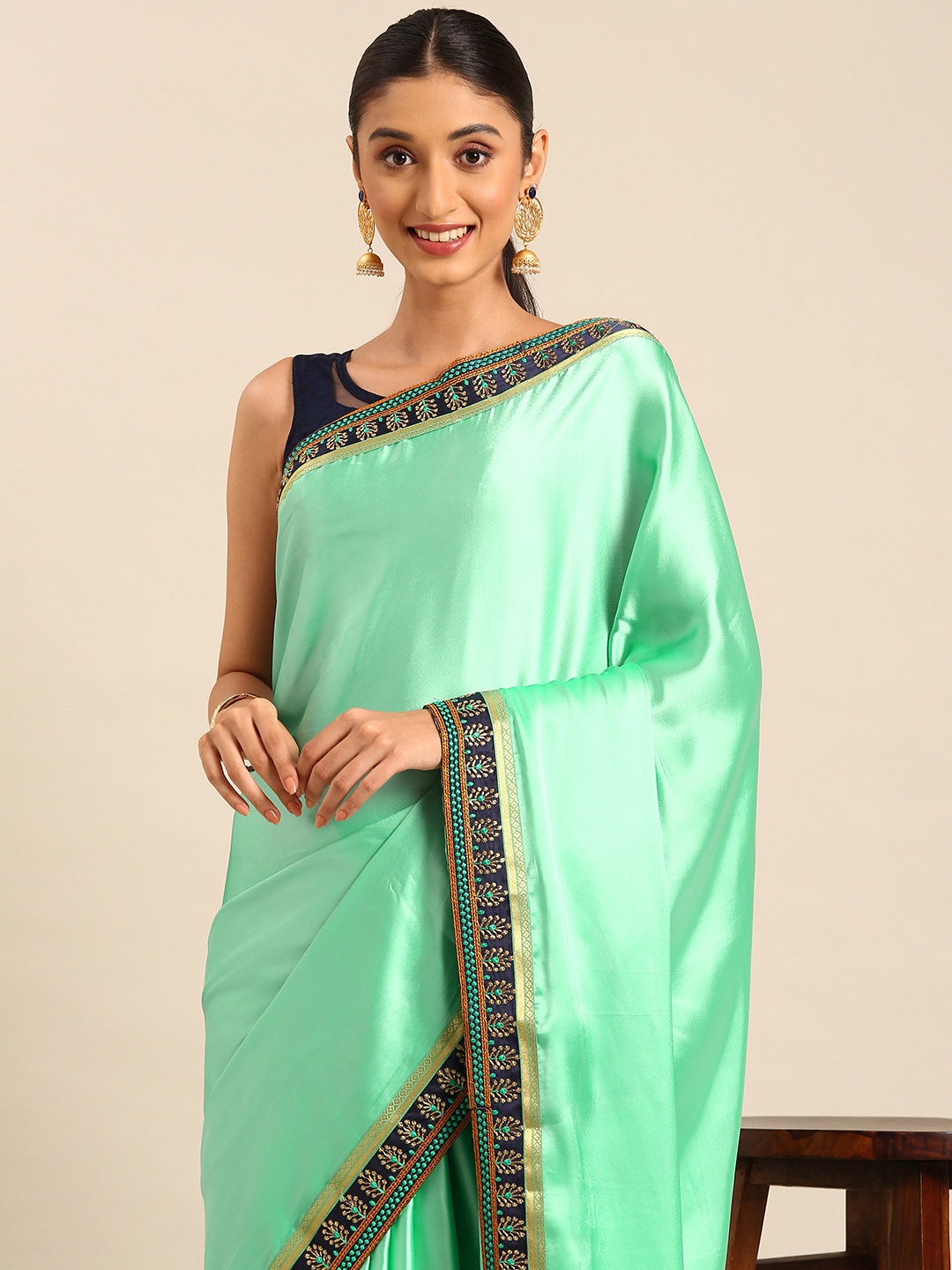 HERE&NOW Zari Pure Silk Saree, Sea green