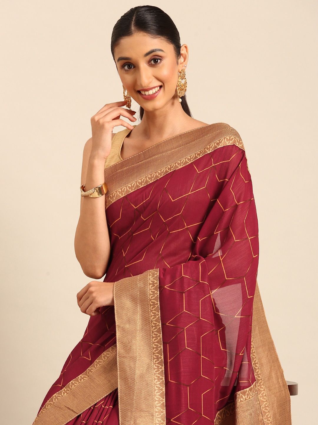 

HERE&NOW Geometric Printed Saree, Maroon