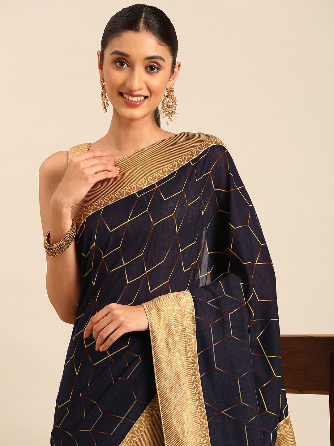 

HERE&NOW Geometric Printed Saree, Navy blue