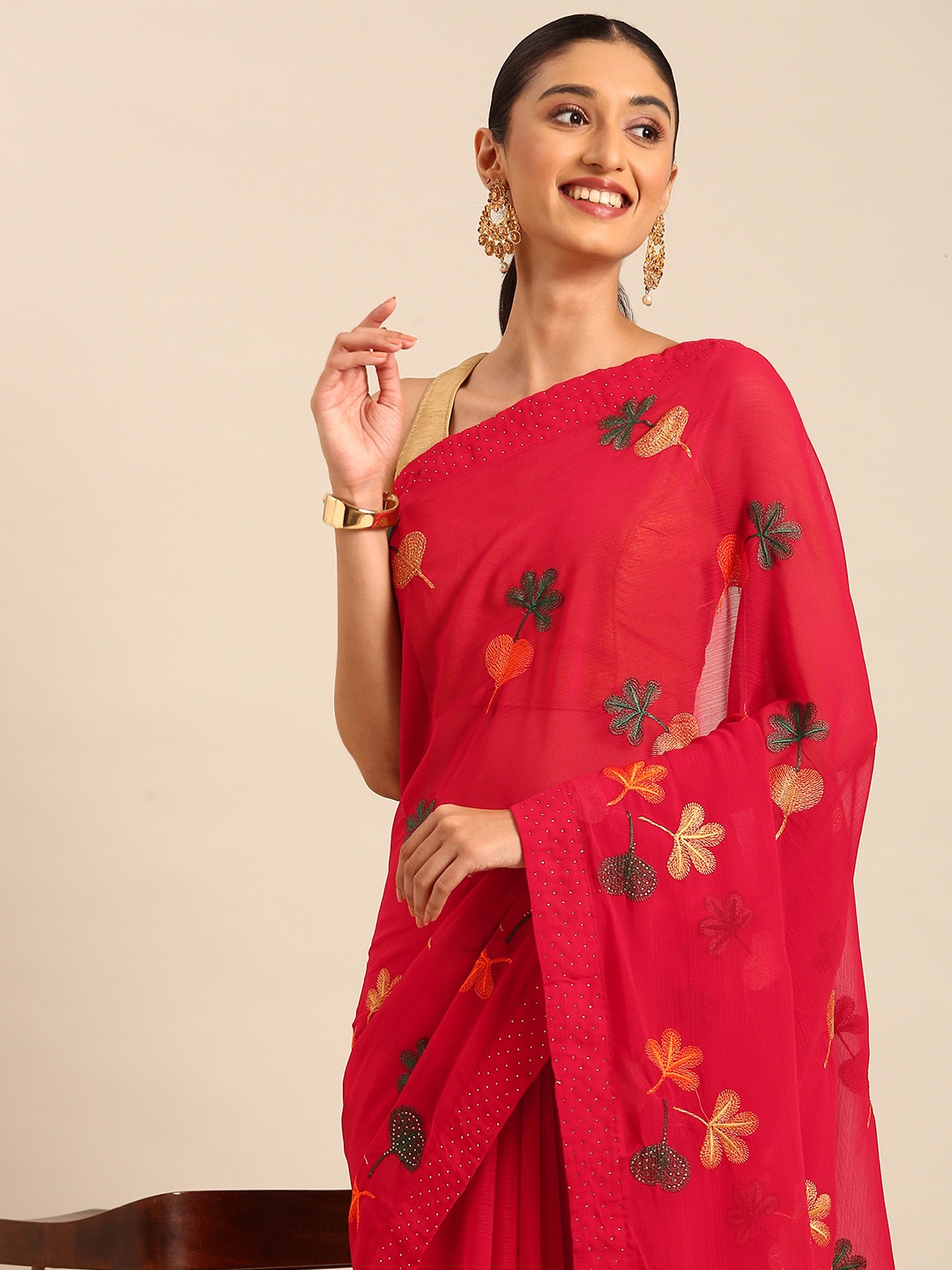 

HERE&NOW Floral Beads & Stones Pure Georgette Saree, Red