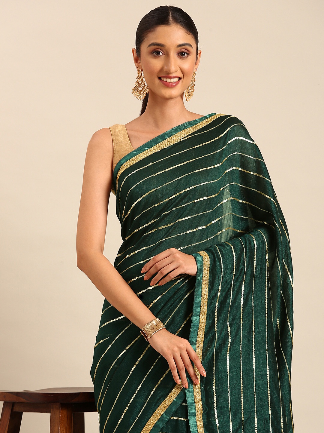 

HERE&NOW Embellished Sequinned Saree, Green