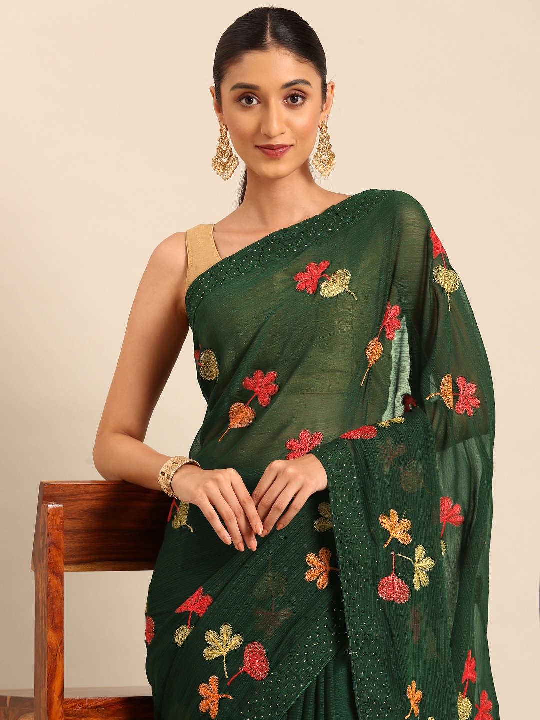 

HERE&NOW Floral Embroidered Beads & Stones Pure Georgette Saree, Green